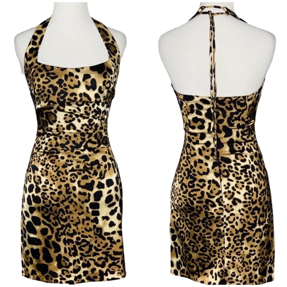 🐆 Caché, Vintage Wild Side Animal Print Satin Halter Dress - Picture 7 of 16